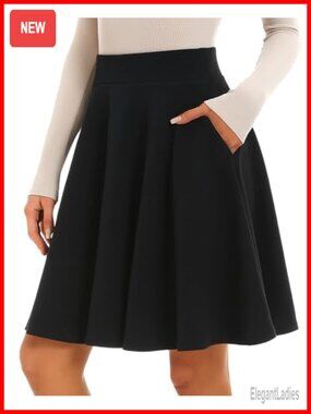Women's Knee Length Flared A-Line Skirt High Waisted Pockets
